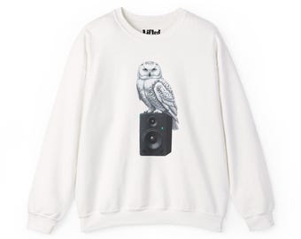Snowy Owl Illustration Crewneck Sweatshirt | Owl on Studio Speaker