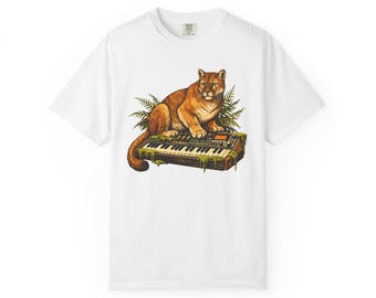 Cougar on Vintage Keyboard T-shirt | Wildlife Music Illustration