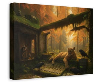 Cougar Canvas Wall Art, Pacific Northwest Wildlife Art, Forest Animal Painting, Nature Decor, Autumn Wildlife