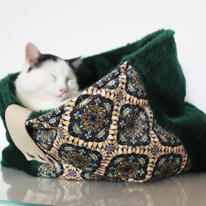 Boho cat nest bed | Personalized cat bed | Faux fur snuggle sack | Pet sleeping bag