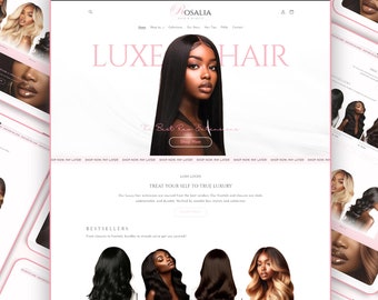 May include: A website homepage for a hair extensions business called "Rosalia Hair". The website features a pink and white color scheme and the text "LUXE HAIR" in large, bold letters. The website also includes a call to action to "Shop Now" for the "Best Raw Extensions".