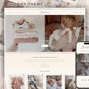 May include: A website mockup for a children's clothing store, showcasing a stack of headbands and a baby with a toy. The website displays the word "Strawberry" and the text "Opening soon". The theme is "Shopify".