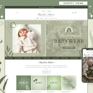 May include: A website homepage for a baby clothing store called Hazel & Asher. The website features a green and white color scheme with images of babies wearing the store's clothing. The website also includes a call to action to shop the store's newest babywear.