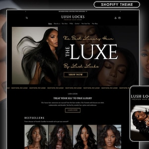 Luxury Shopify Theme hair, Shopify Theme for Wigs, Shopify Theme for Hair Extensions, Dark Gold Hair Website, Premium premade hair website