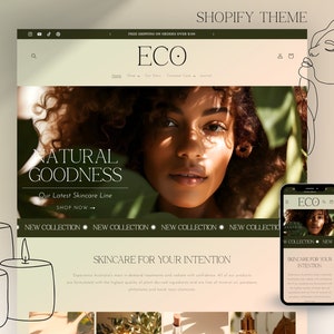 Puede incluir: Una p&aacute;gina de inicio de un sitio web para una marca de cuidado de la piel llamada ECO. El sitio web presenta una foto de una mujer con piel morena y cabello rizado. El texto en el sitio web dice "Natural Goodness" y "Our Latest Skincare Line". Hay una llamada a la acci&oacute;n para "Shop Now".