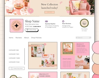 Etsy Shop Banner & Branding Templates | Editable Pink Peach Orange Canva Kit | Etsy Shop Mockup | Shop Design Bundle | Pink Flower Rainbow
