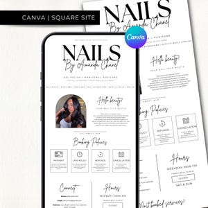 Mall för fyrkantig bokningswebbplats Nagelsida Mall för fyrkantig webbplats Naglar Bokningsschemamall för fyrkantiga naglar Nagelsida Canva Nail Tech Branding