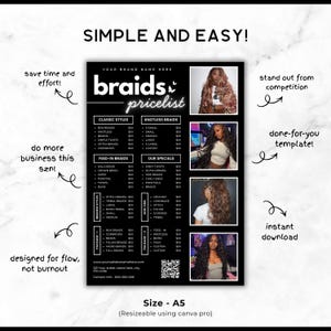 Op de afbeelding: Zwart-wit sjabloon voor een vlechtprijzenlijst. Bevat klassieke en knooploze vlechten, feed-in vlechten en speciale aanbiedingen. Met afbeeldingen van verschillende gevlochten kapsels.