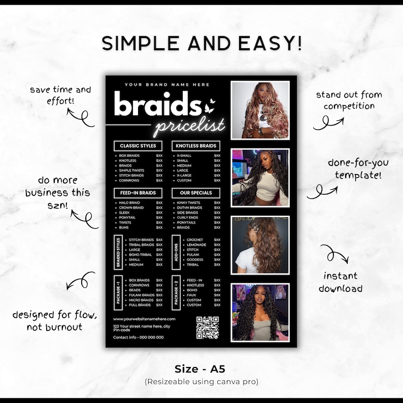 Op de afbeelding: Zwart-wit sjabloon voor een vlechtprijzenlijst. Bevat klassieke en knooploze vlechten, feed-in vlechten en speciale aanbiedingen. Met afbeeldingen van verschillende gevlochten kapsels.