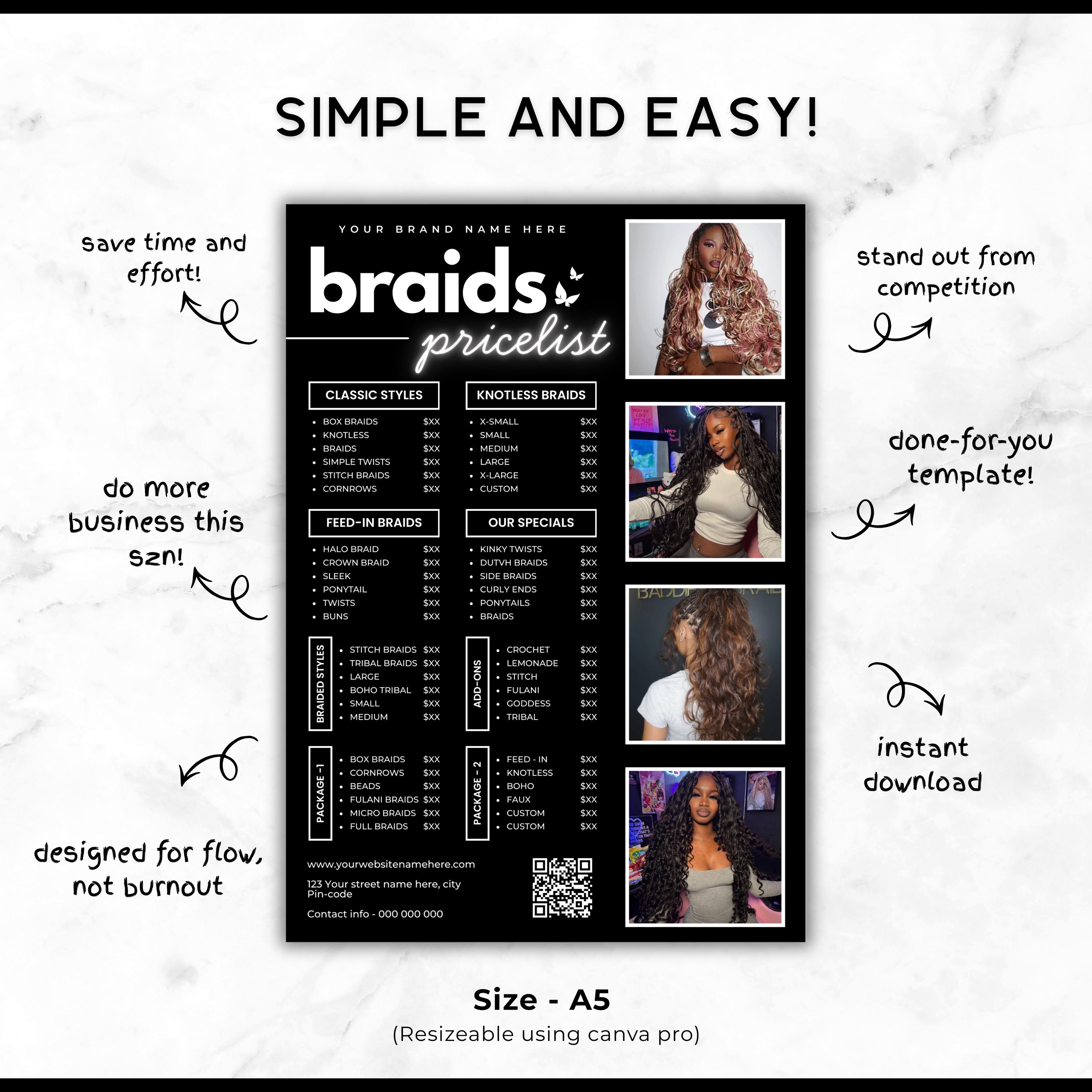 Braids Pricelist, Hair Styles Braiding Price Guide, DIY Flyer Template ...