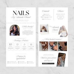 Pode incluir: Um folheto de reserva digital branco para Nails by Amanda Chanel com categorias de servi&ccedil;os, pol&iacute;ticas de reserva, informa&ccedil;&otilde;es de contato, hor&aacute;rio de funcionamento e fotos de m&atilde;os manicuradas.