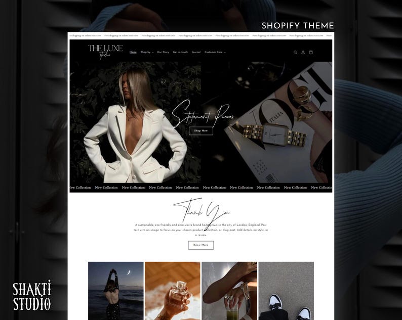 Puede incluir: La p&aacute;gina de inicio del sitio web de The Luxe Studio, una marca sostenible y &eacute;tica con sede en Londres, Inglaterra. La p&aacute;gina de inicio presenta una chaqueta blanca, un reloj y una revista con el texto "Statement Pieces" y "Shop Now". El sitio web tambi&eacute;n presenta un mensaje de "Gracias" y una llamada a la acci&oacute;n para "Saber m&aacute;s".