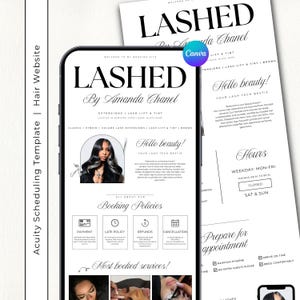 May include: A black and white website template for a lash extension business, featuring the business name "LASHED By Amanda Chanel". The design includes booking policies, service details, and contact information.