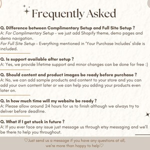 Pu&ograve; includere: Una sezione di domande frequenti con risposte sulla configurazione di un negozio Etsy. Il testo include informazioni sulla configurazione complementare e completa del sito, il supporto dopo la configurazione, il contenuto e le immagini dei prodotti, il tempo di completamento del sito web e il supporto futuro.