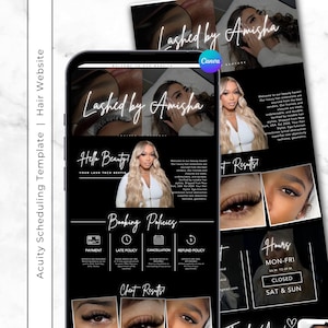 Peut inclure: Modèle de site web noir et blanc pour une entreprise de coiffure et de cils, avec le texte "Lashed by Amisha" et "Hello Beauty, Your Lash Tech Bestie." Le modèle comprend les politiques de réservation, les résultats avant/après et les heures d'ouverture.