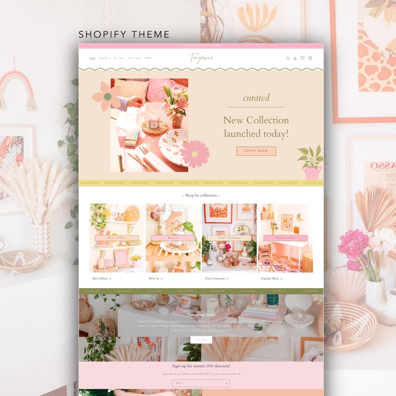 May include: A website design with a soft pink and beige color scheme. The top banner reads "SHOPIFY THEME" and features the text "curated New Collection launched today!" Below are product collections with images and text. The website has a clean, modern aesthetic.