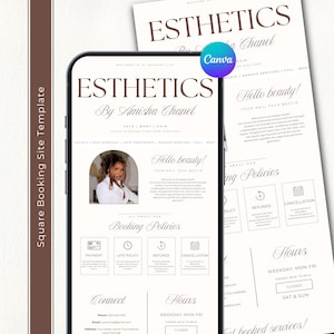 Op de afbeelding: Een digitale mockup van een website-sjabloon voor een schoonheidssalon op een smartphone en een afgedrukte pagina. Het ontwerp heeft een strakke, minimalistische lay-out met de bedrijfsnaam "Esthetics By Amisha Chanel".
