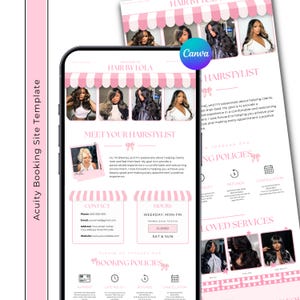May include: A digital booking site template for a hair stylist named Hair by Lola, featuring a pink and white striped awning design, multiple photographs of hairstyles, contact information, business hours, and booking policies on a mobile screen.