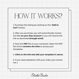 May include: A white paper with the text "HOW IT WORKS?" in a black, elegant font. The steps include purchasing, receiving files, saving a PDF, editing a template, and contacting for assistance. The Shakti Studio logo is at the bottom.