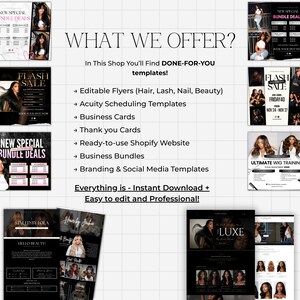 May include: A promotional image with the text "WHAT WE OFFER?" lists digital templates for beauty businesses. Includes editable flyers, business cards, Shopify websites, and social media templates. The text "Everything is - Instant Download + Easy to edit and Professional!" is also visible.
