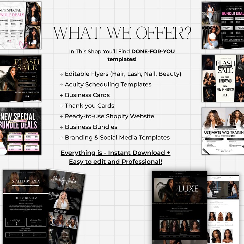 May include: A promotional image with the text "WHAT WE OFFER?" lists digital templates for beauty businesses. Includes editable flyers, business cards, Shopify websites, and social media templates. The text "Everything is - Instant Download + Easy to edit and Professional!" is also visible.