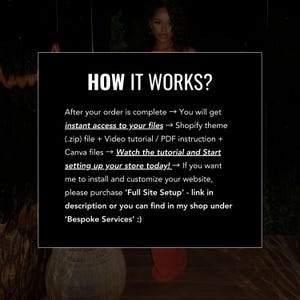 Puede incluir: Imagen con el texto "HOW IT WORKS?" e instrucciones sobre c&oacute;mo acceder a los archivos despu&eacute;s de completar un pedido. Incluye informaci&oacute;n sobre temas de Shopify, tutoriales en video, instrucciones en PDF y archivos de Canva. El texto tambi&eacute;n menciona un servicio de "Full Site Setup".