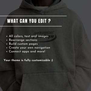 以下が含まれることがあります： 「WHAT CAN YOU EDIT ?」のテキストと編集機能のリストが記載された濃いグレーのパーカー。 パーカーにはフロントポケットとドローストリングフードが付いています。 「extended」のテキストがロゴの上にあります。