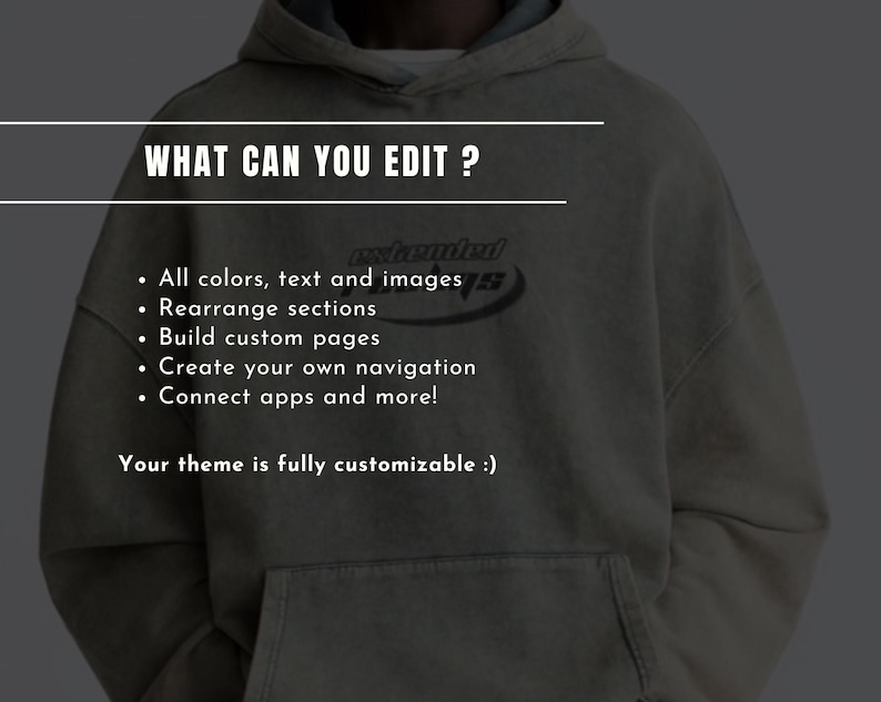 以下が含まれることがあります： 「WHAT CAN YOU EDIT ?」のテキストと編集機能のリストが記載された濃いグレーのパーカー。 パーカーにはフロントポケットとドローストリングフードが付いています。 「extended」のテキストがロゴの上にあります。