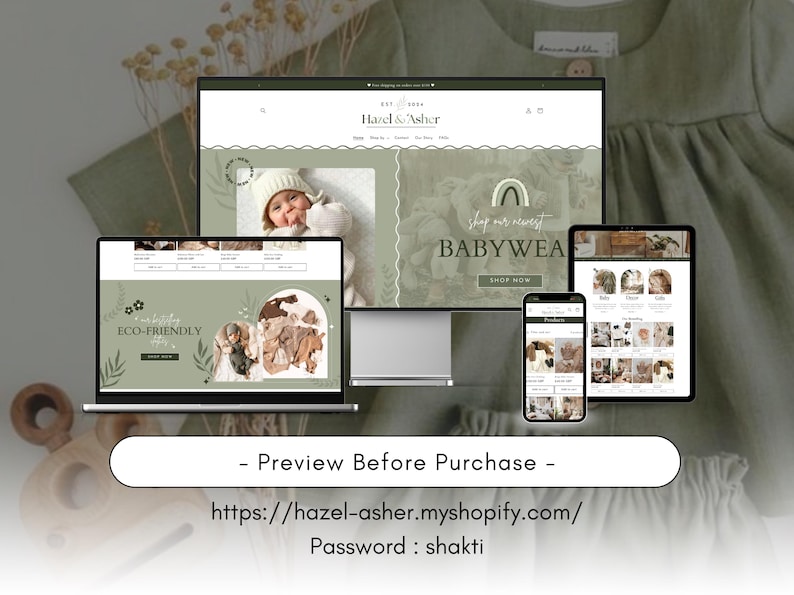May include: A mockup of a website for a baby clothing store called "Hazel & Asher". The website features a green and white color scheme with images of babies wearing the clothing. The text "Shop our newest Babywear" is displayed on the website. The website also includes a link to the store's Shopify page.