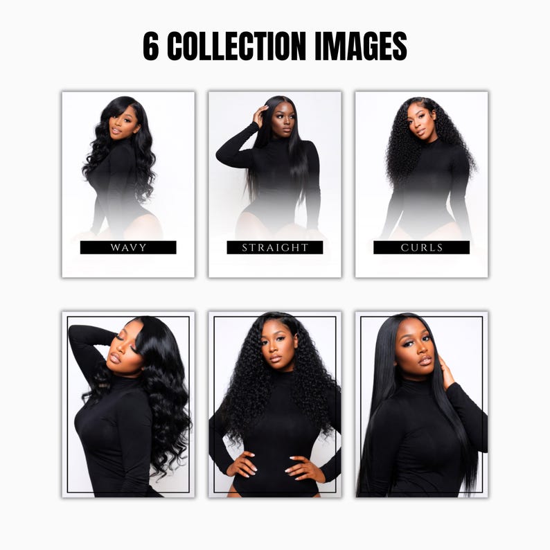 Puede incluir: Seis im&aacute;genes enmarcadas que muestran diferentes peinados: ondulado, liso y rizado. Cada imagen presenta a una persona con un cuello alto negro. El texto "6 COLLECTION IMAGES" est&aacute; en la parte superior.