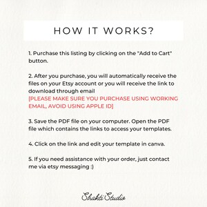 May include: A digital instruction graphic titled HOW IT WORKS? with five numbered steps explaining the purchase, download, and editing process for a template in Canva, including a warning about Apple ID and the brand name Shakti Studio at the bottom.