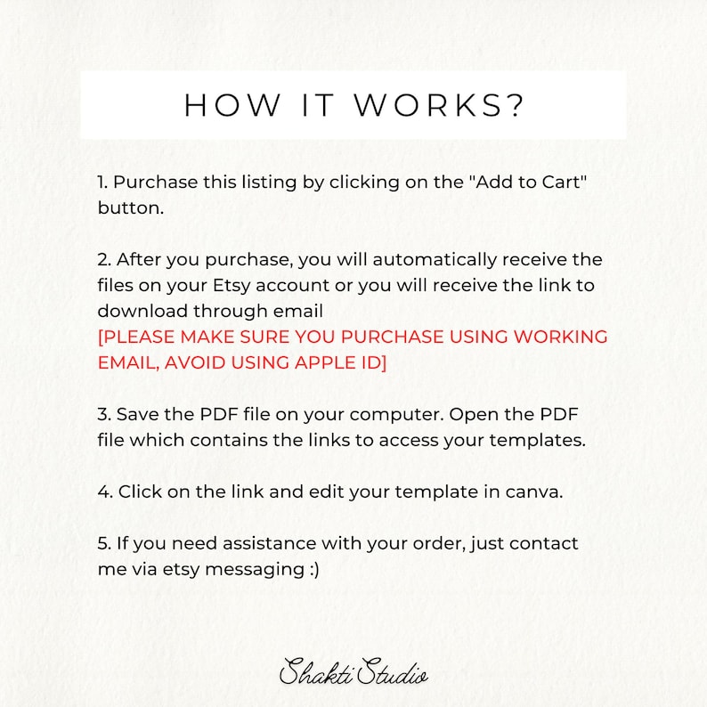 May include: A digital instruction graphic titled HOW IT WORKS? with five numbered steps explaining the purchase, download, and editing process for a template in Canva, including a warning about Apple ID and the brand name Shakti Studio at the bottom.