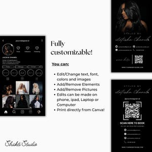 K&ouml;nnte beinhalten: Schwarz-wei&szlig; Werbematerialien f&uuml;r einen Friseur. Das Design umfasst ein gef&auml;lschtes Instagram-Profil, Visitenkarten und einen QR-Code zur Buchung. Der Text enth&auml;lt "Vollst&auml;ndig anpassbar!" und "Hier scannen, um zu buchen."