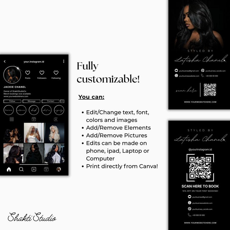 K&ouml;nnte beinhalten: Schwarz-wei&szlig; Werbematerialien f&uuml;r einen Friseur. Das Design umfasst ein gef&auml;lschtes Instagram-Profil, Visitenkarten und einen QR-Code zur Buchung. Der Text enth&auml;lt "Vollst&auml;ndig anpassbar!" und "Hier scannen, um zu buchen."