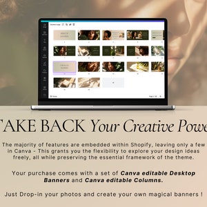 Puede incluir: Un ordenador port&aacute;til que muestra una plantilla de dise&ntilde;o de Canva con varios marcadores de posici&oacute;n de imagen. El texto "TAKE BACK Your Creative Power" se muestra debajo del port&aacute;til.