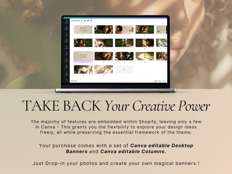 Puede incluir: Un ordenador port&aacute;til que muestra una plantilla de dise&ntilde;o de Canva con varios marcadores de posici&oacute;n de imagen. El texto "TAKE BACK Your Creative Power" se muestra debajo del port&aacute;til.