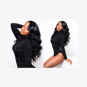 May include: Two images side-by-side of a person wearing a black long-sleeve bodysuit with wavy black hair. The person is posing with one arm raised and the other arm resting on a white surface.