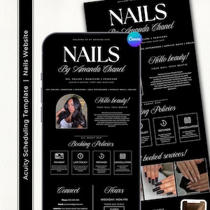 May include: A black and white digital design for a nail salon, featuring the name "NAILS By Amanda Chanel." The design includes information about services, booking policies, and contact details. The design is displayed on a phone and a flyer.