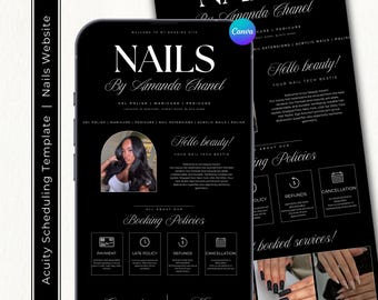 Nail tech acuity scheduling booking website template | Canva Editable | Dark