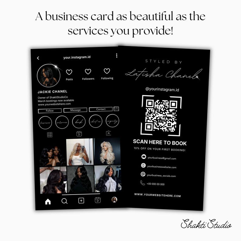K&ouml;nnte beinhalten: Schwarzes Visitenkarten-Design mit einem Instagram-Profil-Layout. Die Karte enth&auml;lt einen QR-Code, Kontaktinformationen und den Text "Scan here to book". Die Karte enth&auml;lt auch den Text "A business card as beautiful as the services you provide!"