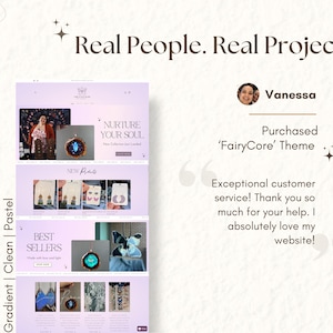 Pu&ograve; includere: Uno screenshot di un sito web con uno schema di colori viola e bianco. Il sito web presenta una variet&agrave; di gioielli, tra cui orecchini, collane e ciondoli. Il sito web presenta anche una testimonianza di un cliente che ha acquistato il tema 'FairyCore'. La testimonianza recita: "Servizio clienti eccezionale! Grazie mille per il tuo aiuto. Adoro assolutamente il mio sito web!"
