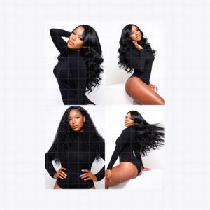 May include: Four images of a person wearing a black long-sleeved bodysuit with different hairstyles. The person has long, dark hair, styled in waves and curls. The background is white.