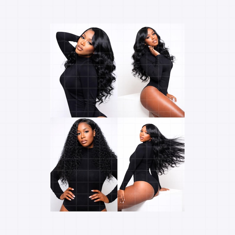 May include: Four images of a person wearing a black long-sleeved bodysuit with different hairstyles. The person has long, dark hair, styled in waves and curls. The background is white.