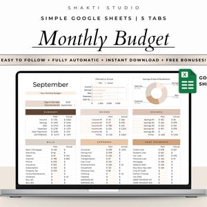 May include: A digital monthly budget template for Google Sheets displayed on a laptop screen. The interface features sections for summary, income, savings, bills, expenses, and debt payments with a pie chart and bar graph in neutral beige tones.
