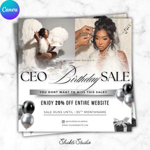 Può includere: Un volantino promozionale per una vendita di compleanno del CEO. Il design presenta due foto di una donna, ali d'angelo e palloncini. Il testo include "CEO Birthday SALE", "Goditi il 20% di sconto" e social media.