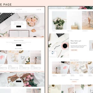 Op de afbeelding: Een website homepage ontwerp met een strakke, minimalistische esthetiek. De lay-out bevat een laptop, bloemen en productafbeeldingen. De tekst "Love & Faith" staat bovenaan, met productcategorie&euml;n en een "Shop Now" knop. Het thema is lifestyle en home decor.