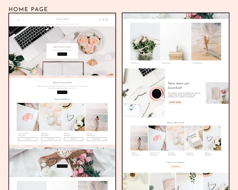 Op de afbeelding: Een website homepage ontwerp met een strakke, minimalistische esthetiek. De lay-out bevat een laptop, bloemen en productafbeeldingen. De tekst "Love & Faith" staat bovenaan, met productcategorie&euml;n en een "Shop Now" knop. Het thema is lifestyle en home decor.
