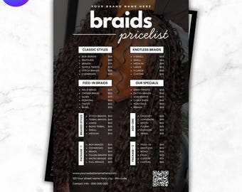 Plantilla de lista de precios de trenzas de lujo, Guía de precios de trenzas de peinados, Plantilla de hoja de precios de salón, Lista de precios de uñas y pestañas prefabricadas, Canva