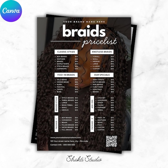 Luxury braids pricelist template, Hair Styles Braiding Price Guide, Salon Price Sheet template, Premade Lash hair Nails Pricelist, Canva
