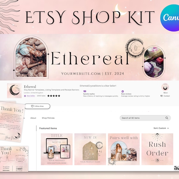 Spiritual Etsy Shop Kit, Crystal Etsy Shop Kit, Spiritual Etsy shop banners, Pink Etsy Shop Bundle Template, Etsy shop banner template, Moon